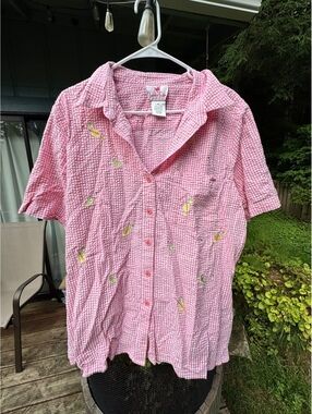Quacker Factory Pink Gingham Button-Up Shirt with Embroidered Cocktail Motifs XL